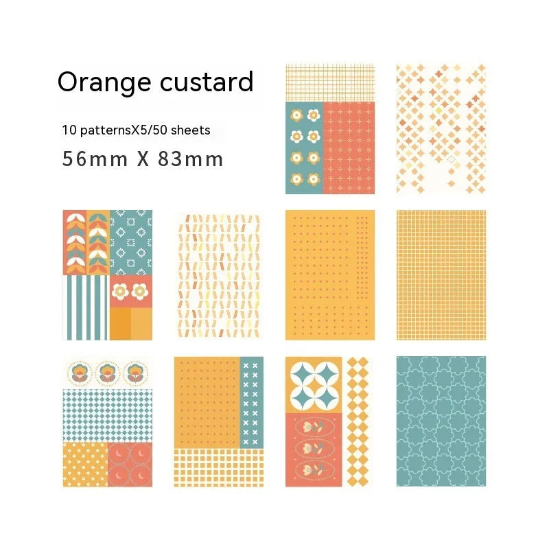 Pack of 50 retro-style collage note papers in ten dessert colours including caramel puff and strawberry coconut.