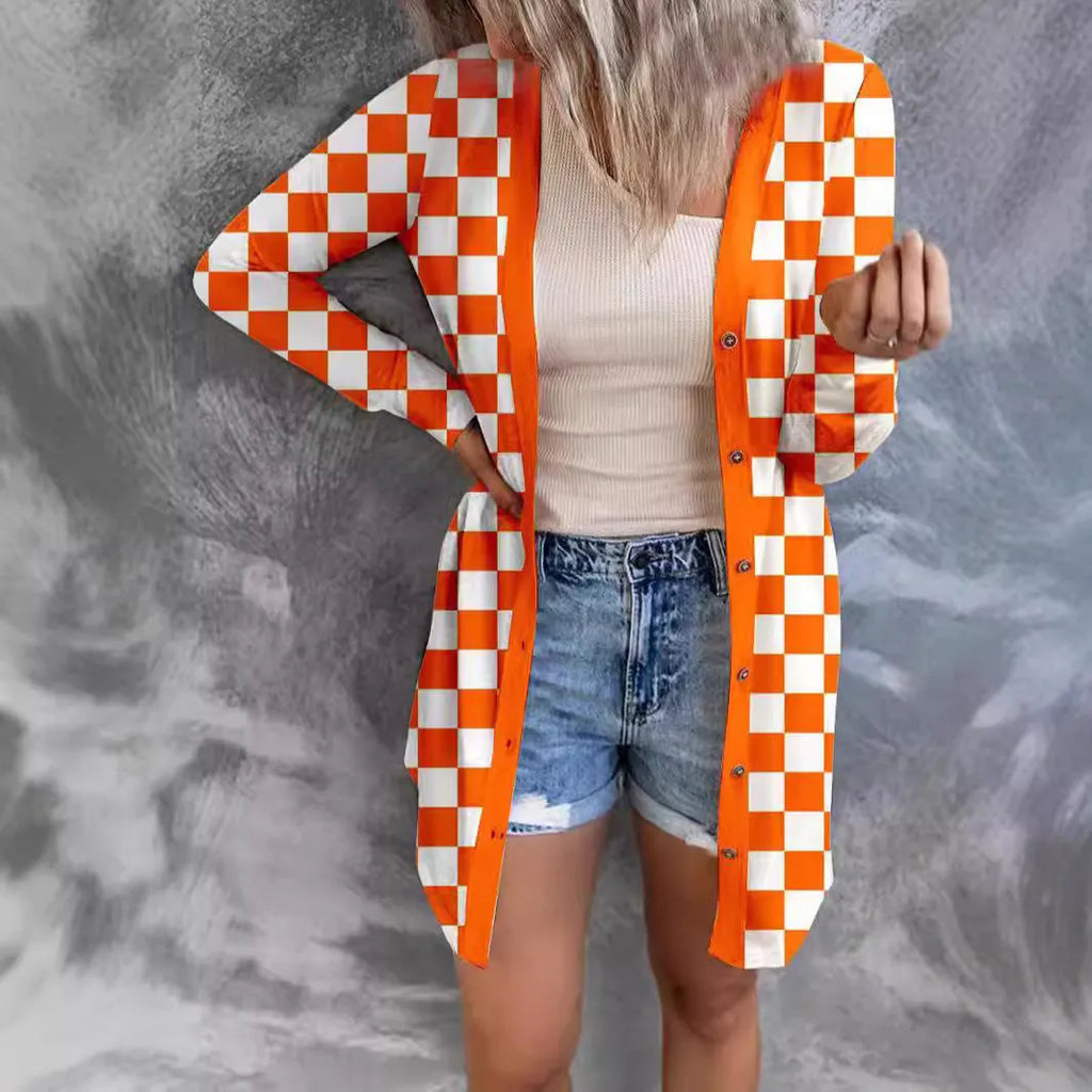 Women's long grey plaid pattern knitted cardigan coat with regular sleeves, shown on a model.