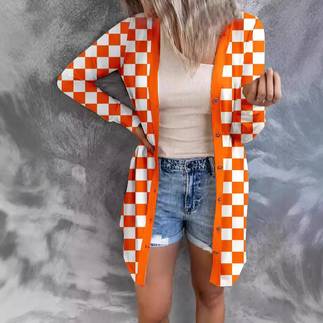 Women's long grey plaid pattern knitted cardigan coat with regular sleeves, shown on a model.