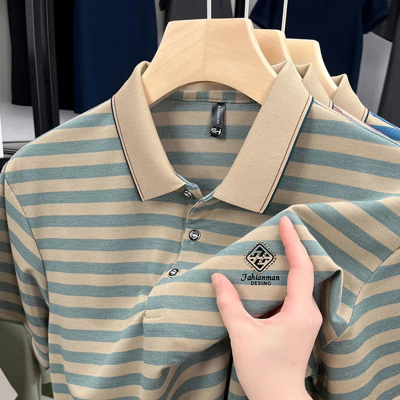 Men's striped polyester short sleeve shirt in red, blue, or green colours with mosaic pattern