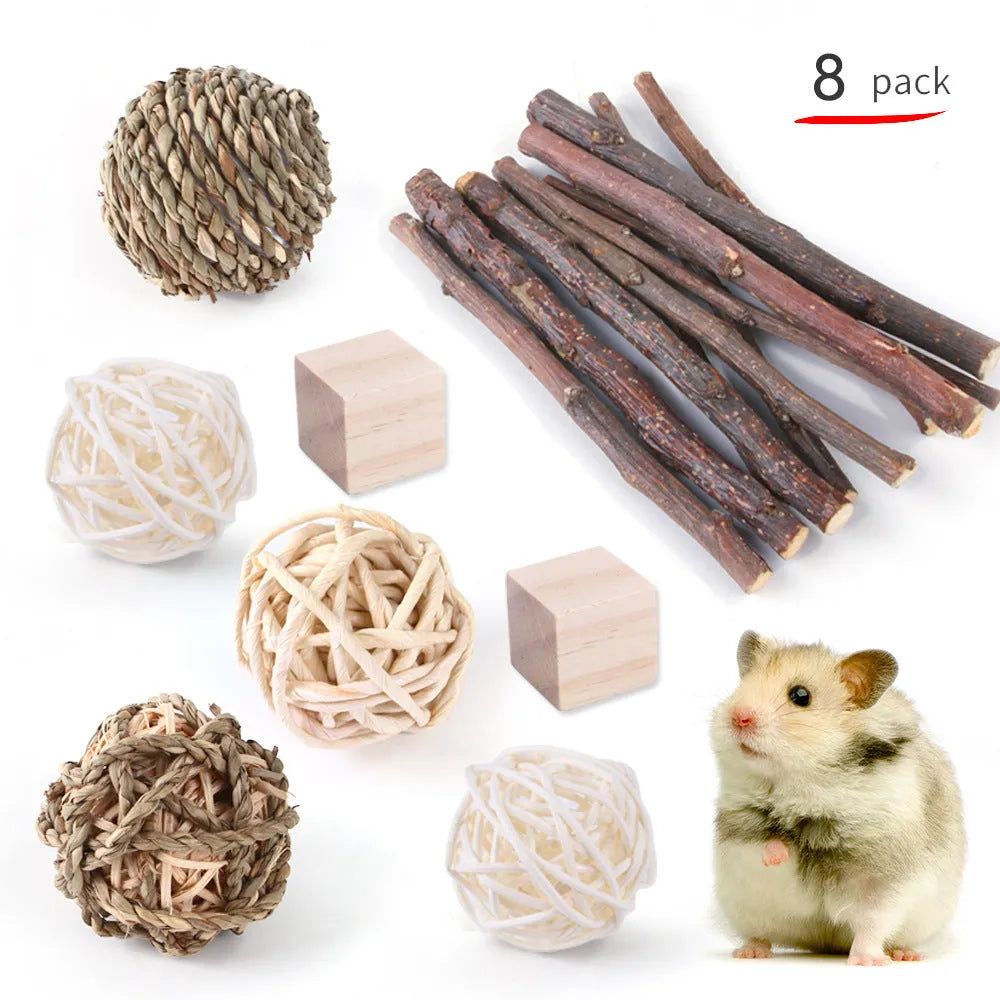 Wooden pet toy set with chewable pieces for rabbits, guinea pigs and parrots