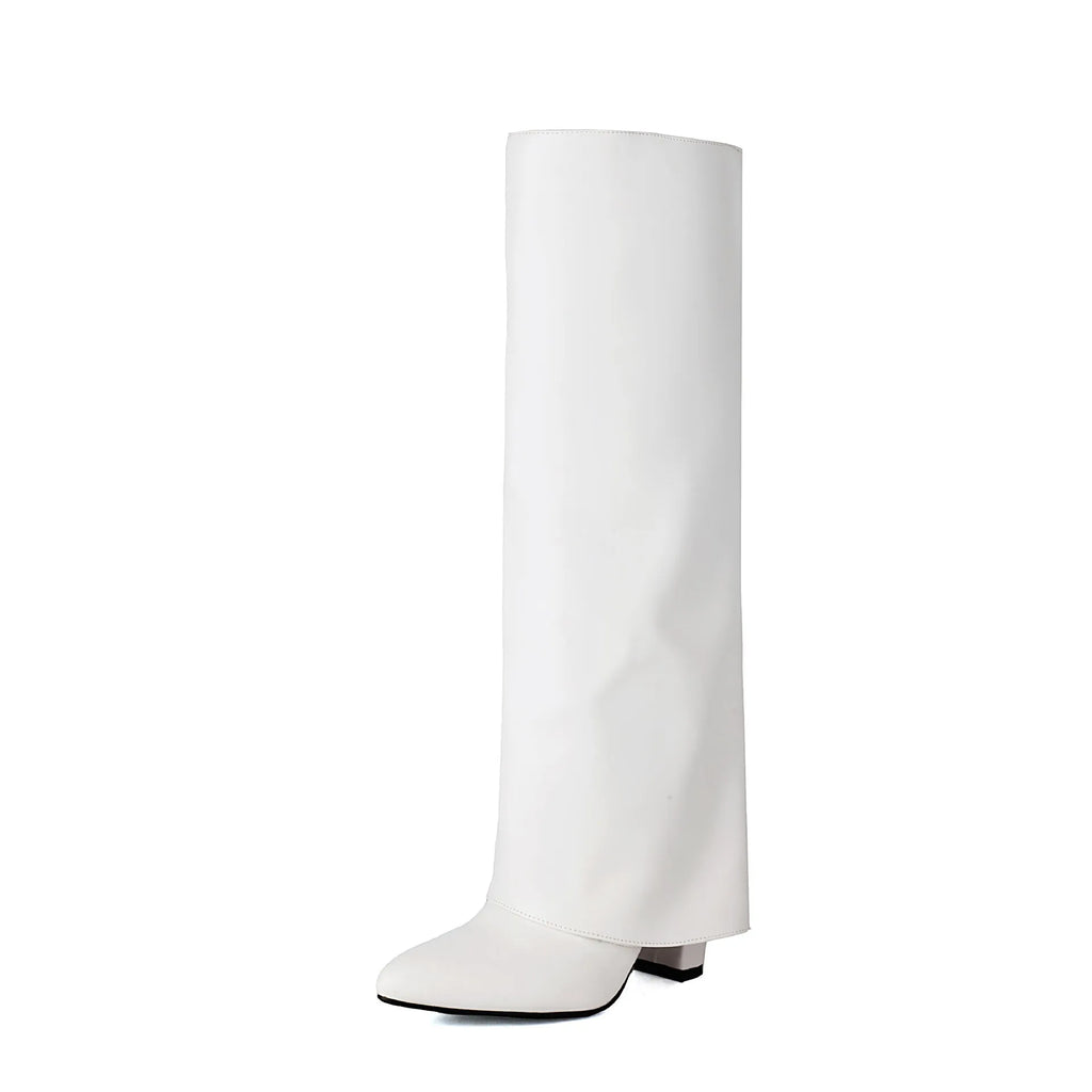 Women's black thick high heel boot with sewing line detail on artificial PU upper