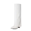 Women's black thick high heel boot with sewing line detail on artificial PU upper