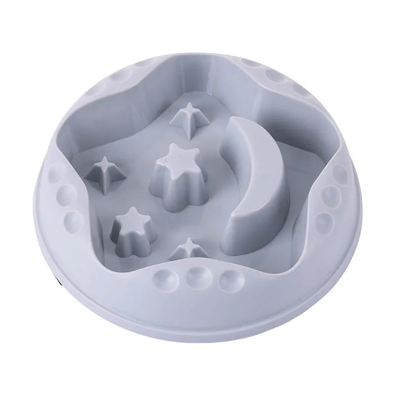 Blue star and wings design large plastic slow feeder dog bowl with maze pattern.