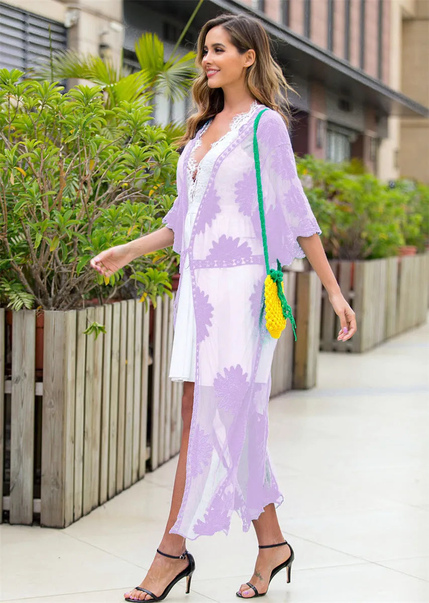 Light purple lace embroidery beach cover-up dress for swimming and beachwear