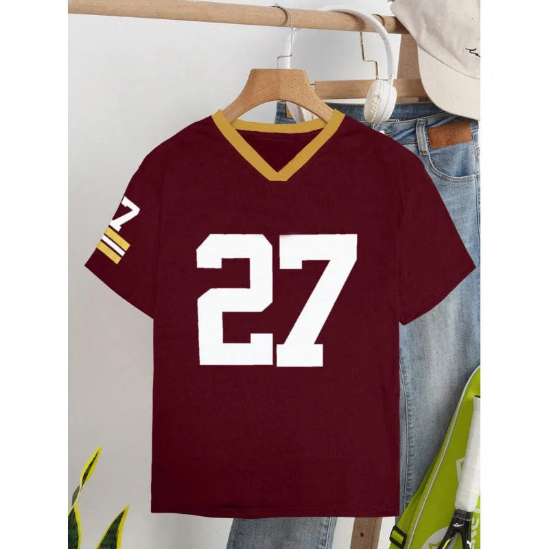 Cotton loose-fit casual t-shirt with a printed letter design in red or green colour.