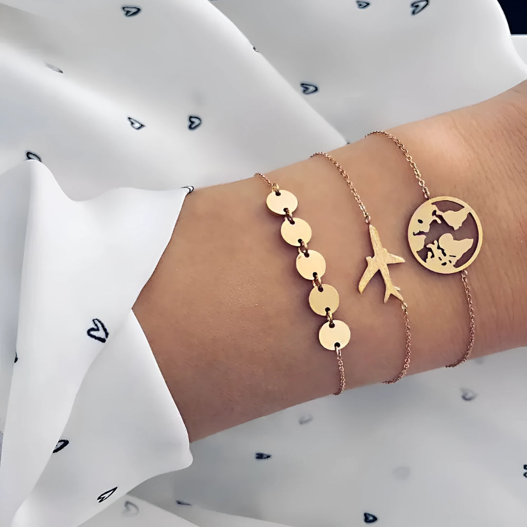 Women's bohemian style aircraft map charm bracelet set with three electroplated alloy pieces