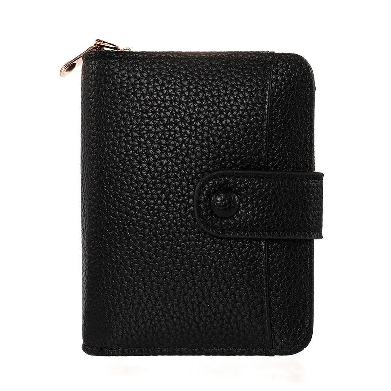 Women's lychee pattern short wallet in beige, pink, black, or red colours with decorative sewing thread detail.