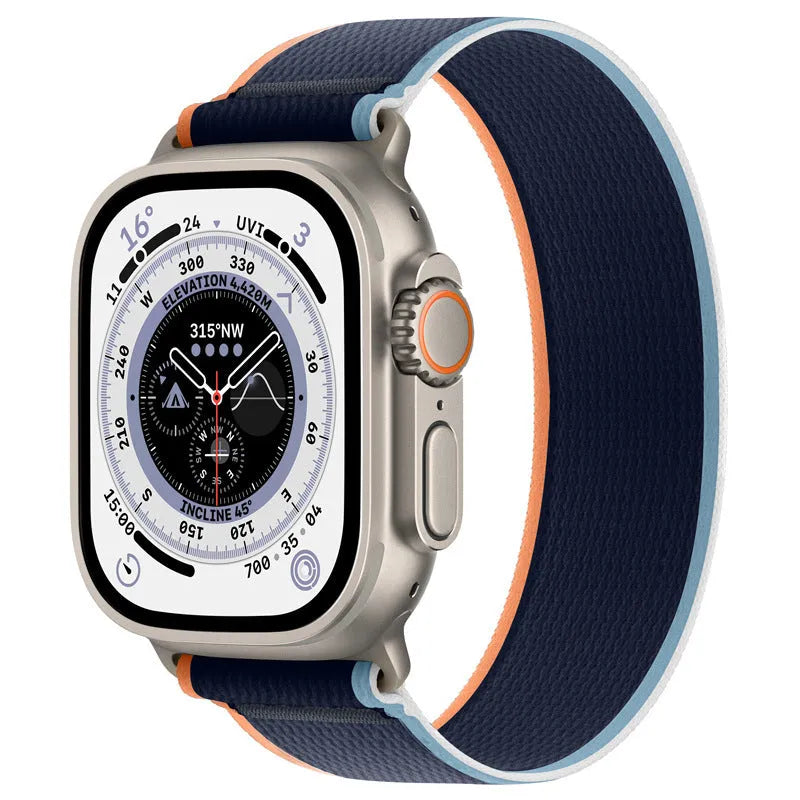 Wild Diameter single ring integrated nylon watch strap for Apple Watch in multiple colour options on a grey background.