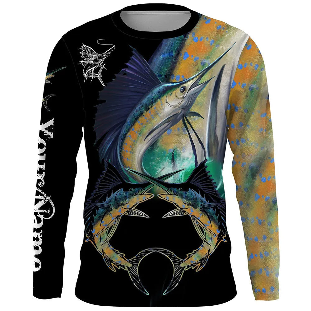 Men's grey pullover with a large printed blue fish design on the front, featuring long sleeves and a round neck.