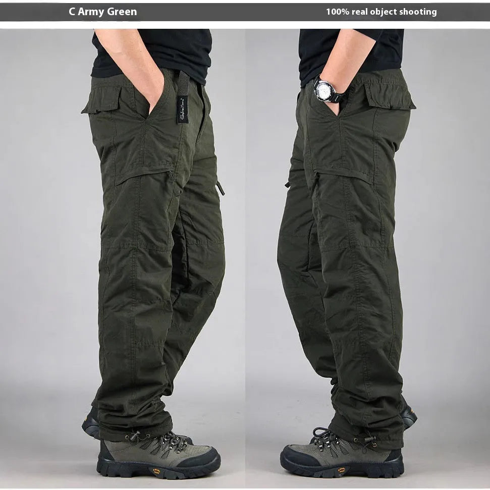 Men's loose-fit cotton velvet overalls with wool lining, shown in khaki colour.
