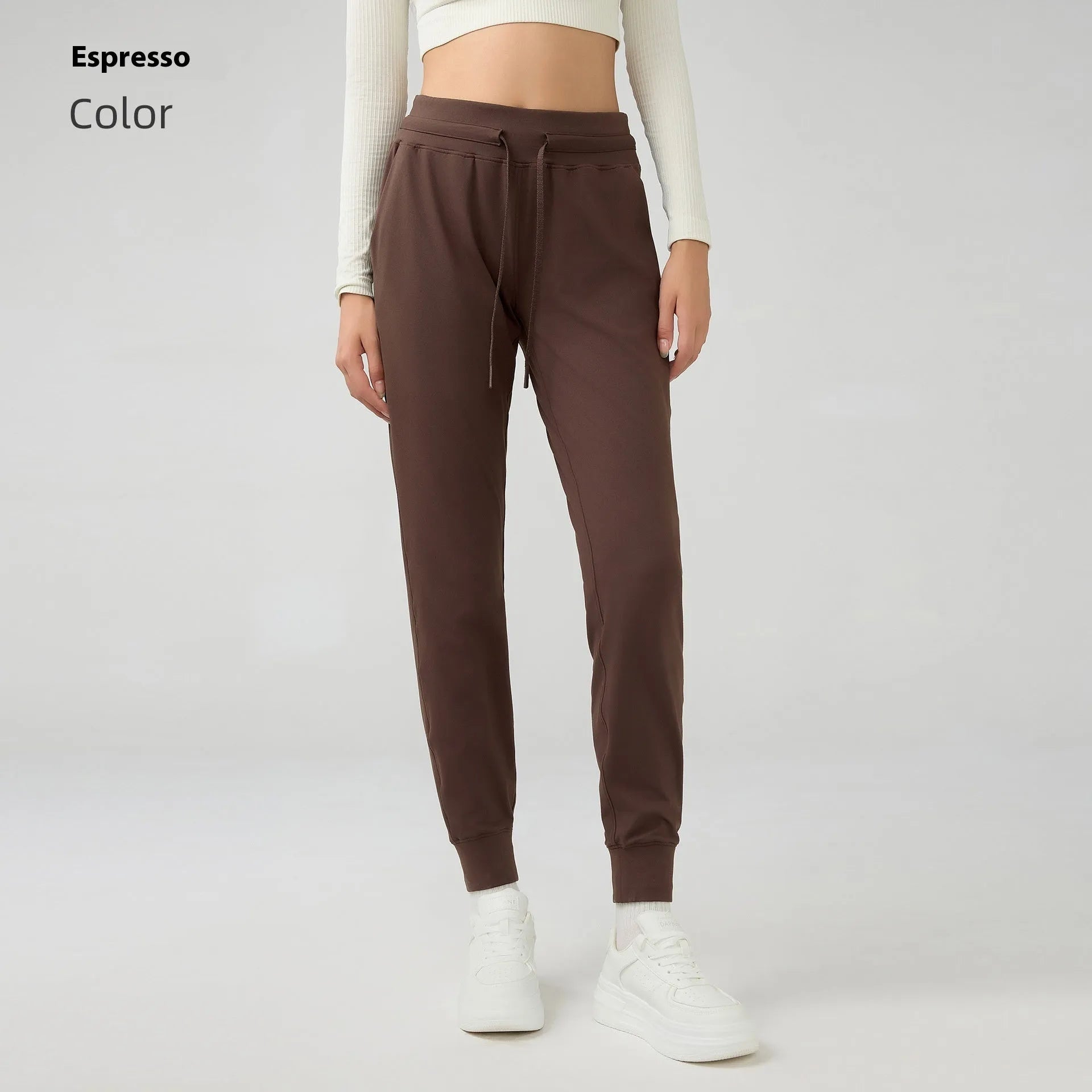 Women's high waist yoga pants in distilled coffee colour with drawstring waistband for fitness activities