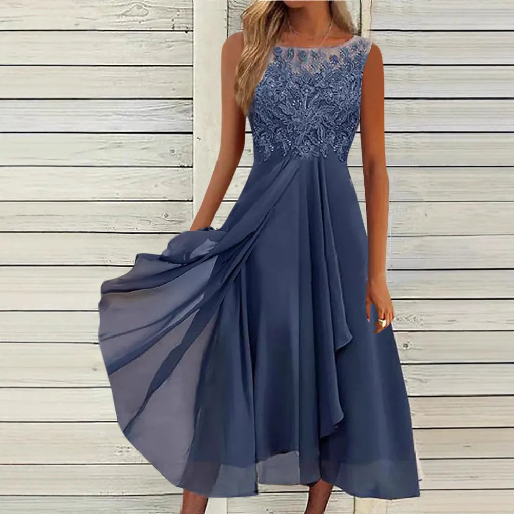 Women's sleeveless chiffon dress with lace hollow-out detail in blue, green or purple colours