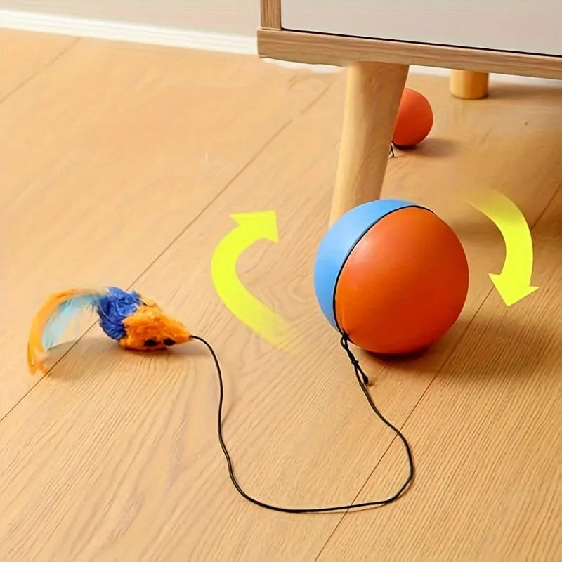 Interactive cat toy with blue and orange removable plush mouse attached to ball for feline exercise