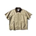 Washed khaki grey short sleeve overalls shirt loose cardigan style on hanger