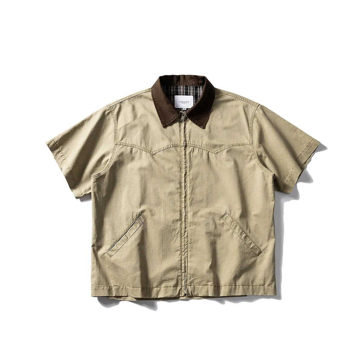 Washed khaki grey short sleeve overalls shirt loose cardigan style on hanger