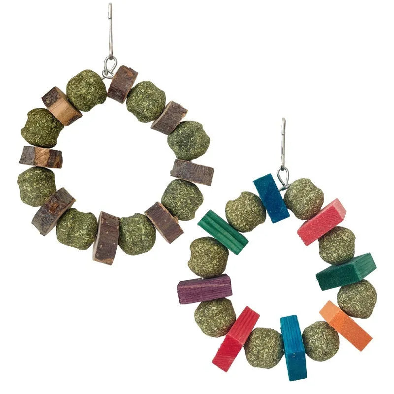Applewood straw ball chew ring toy for small pets with decorative paillette details