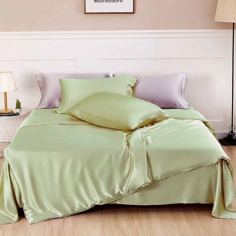 Double-sided silk duvet cover in bright brown colour, shown on a bed.