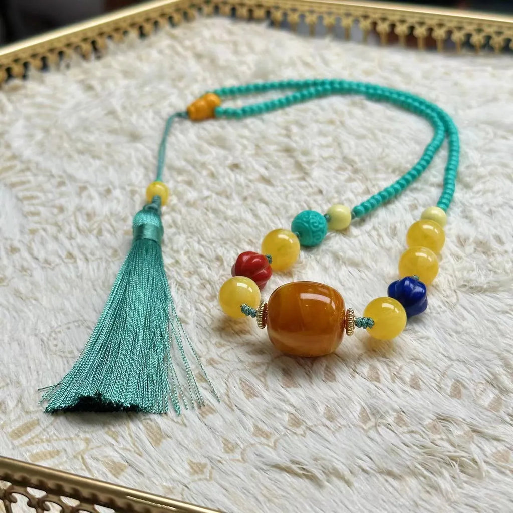 Turquoise stone mesh flower lucky pendant necklace with adjustable ball bead chain