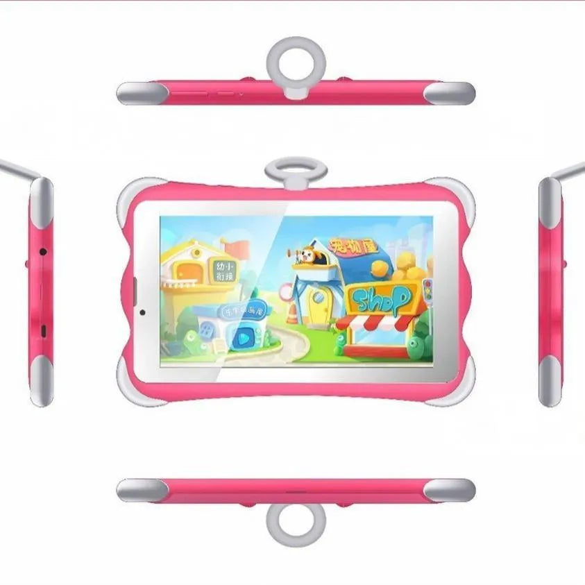 Cartoon-coloured 7-inch children's learning tablet with a flip-out stand on a table