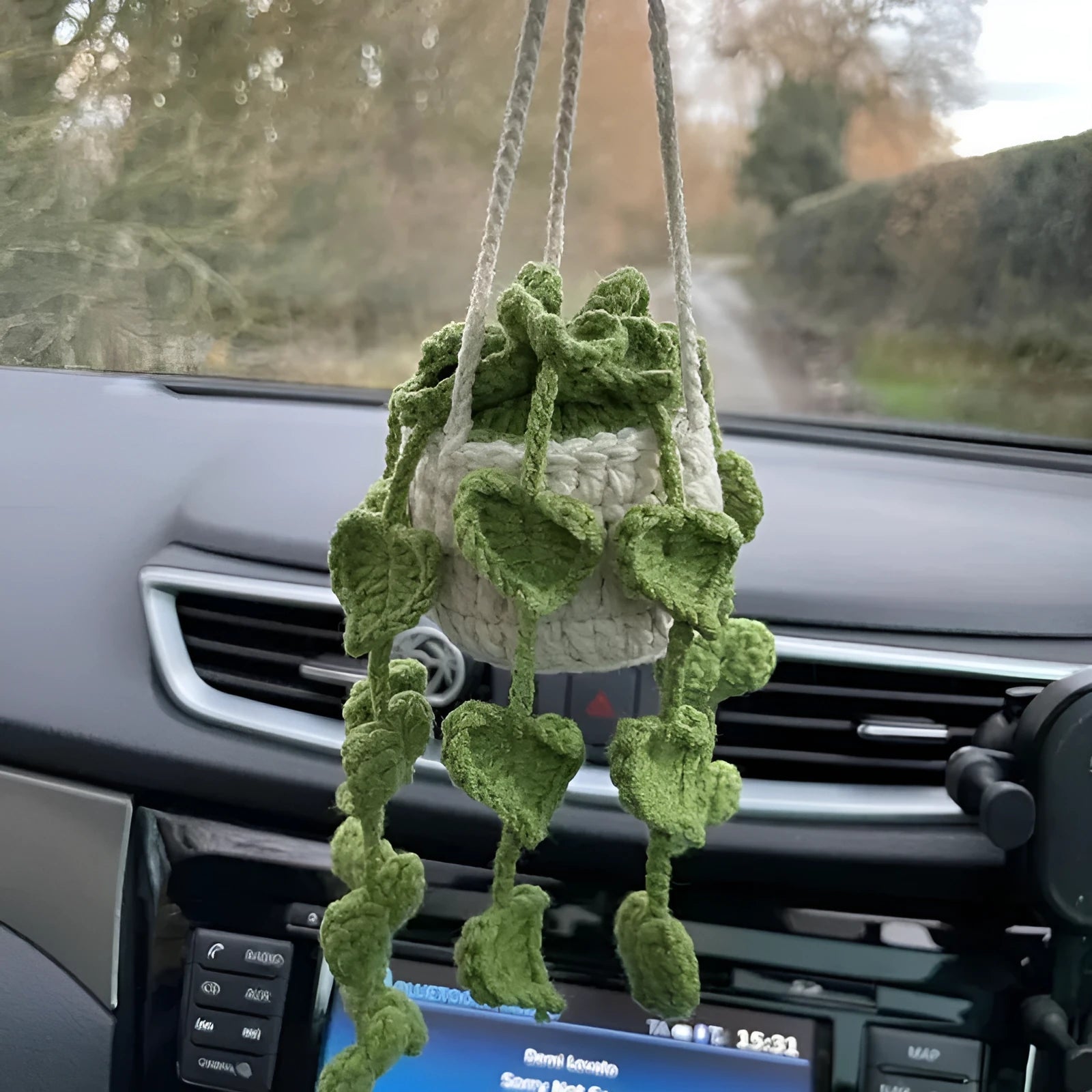 Green and white knitted car plant decoration with hanging rope on 8cm plastic base