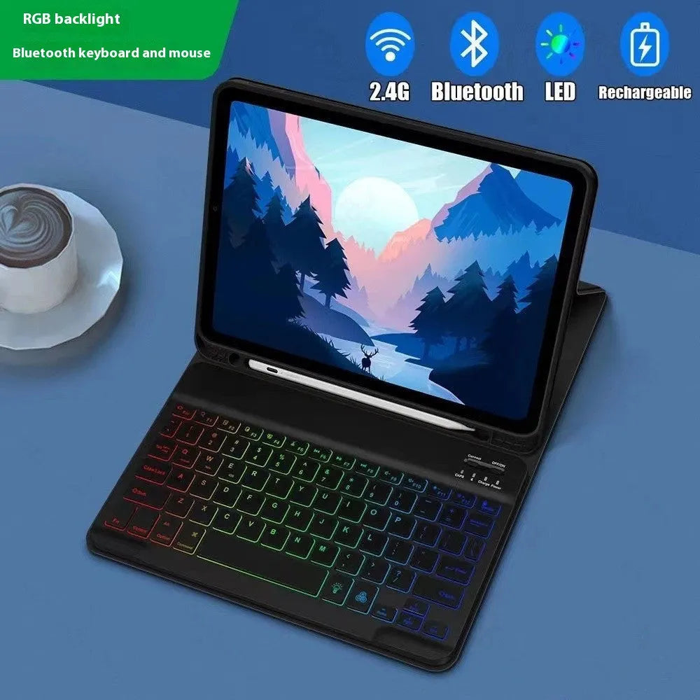 Colourful iPad leather case with attached luminous RGB backlit Bluetooth keyboard on a desk.