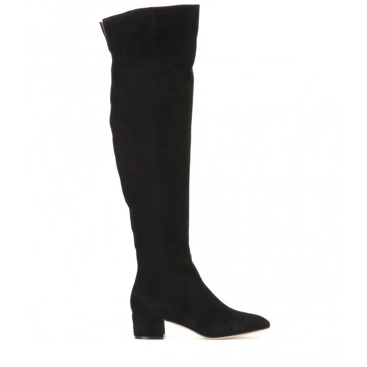 Grey suede women's over the knee flat boots with a pointed toe and low block heel on a neutral background.
