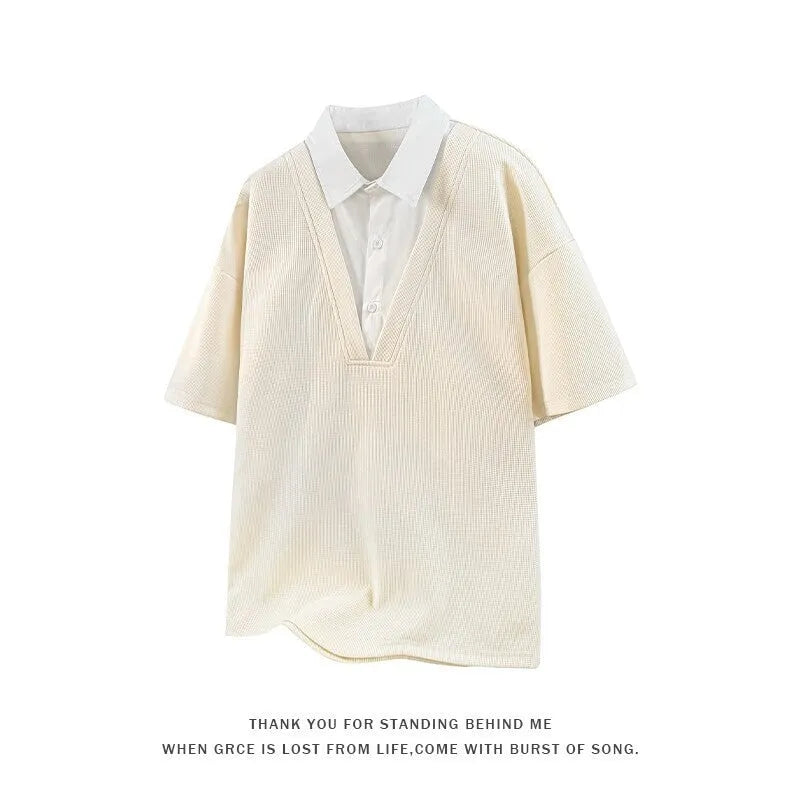 Men's thin heavy Henry collar polo shirt sweater in spandex, short sleeve pullover in apricot colour.