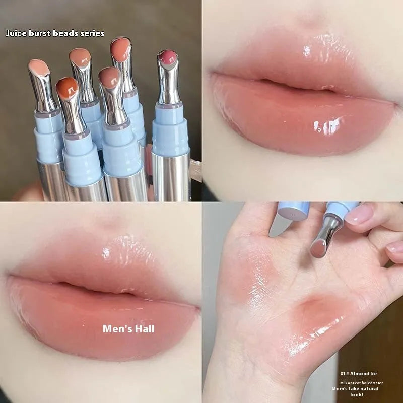 Mirror Water Light Lip Gloss Lipstick in six sheer shade options including Almond Ice and Raspberry Ice.