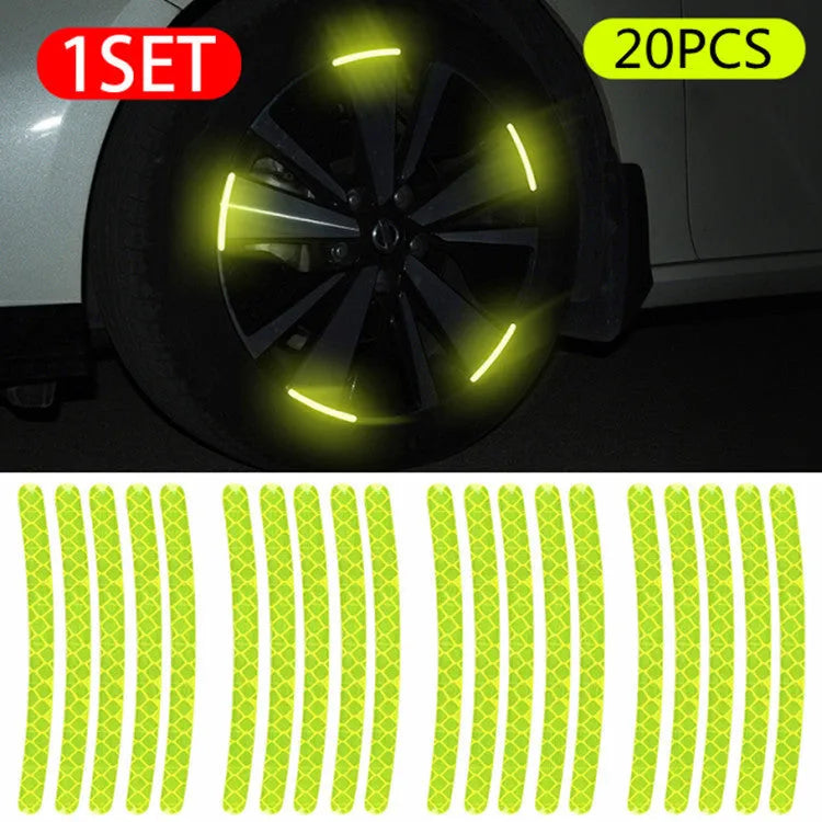 Pack of 20 arc-shaped reflective PVC stickers for car wheel hubs in multiple colours.