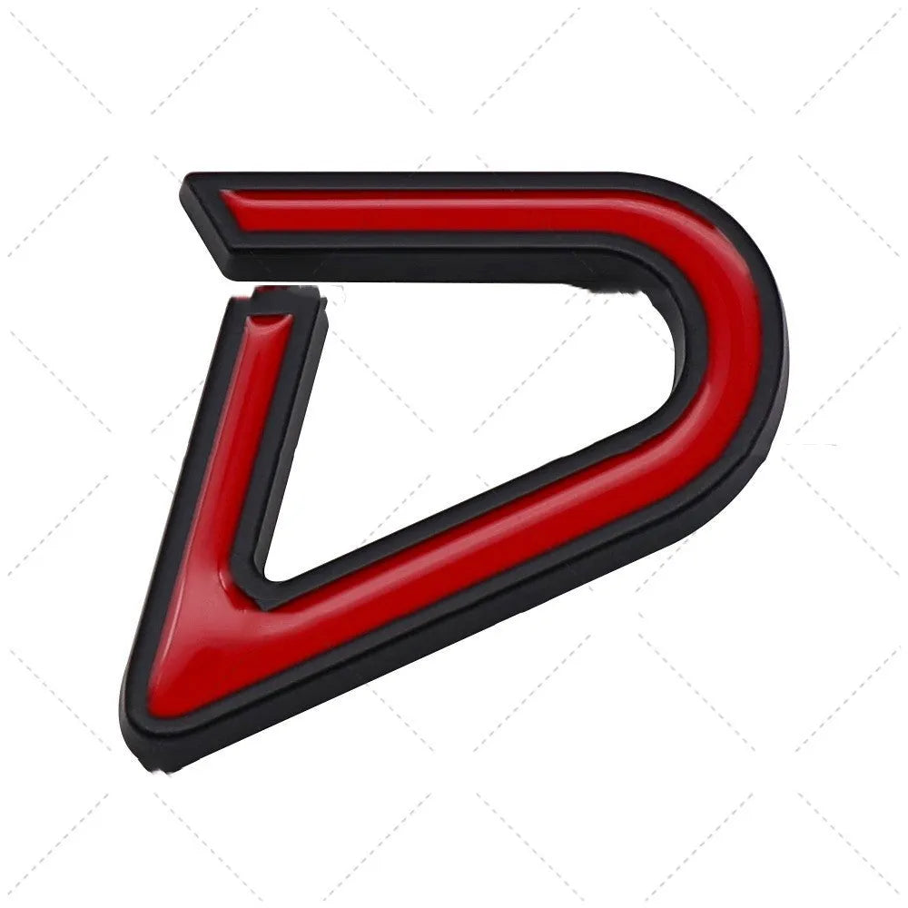 SD D metal car bumper stickers in red silver and red black colour variations showing three size options