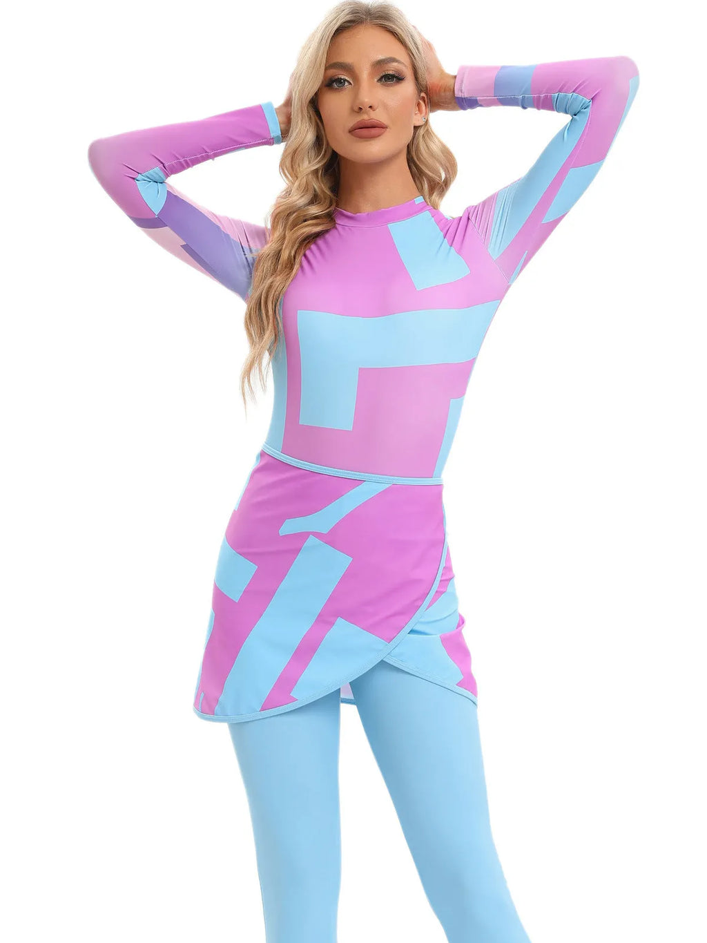 Muslim conservative beach swimsuit three-piece set with apron cover-up in polyester fabric