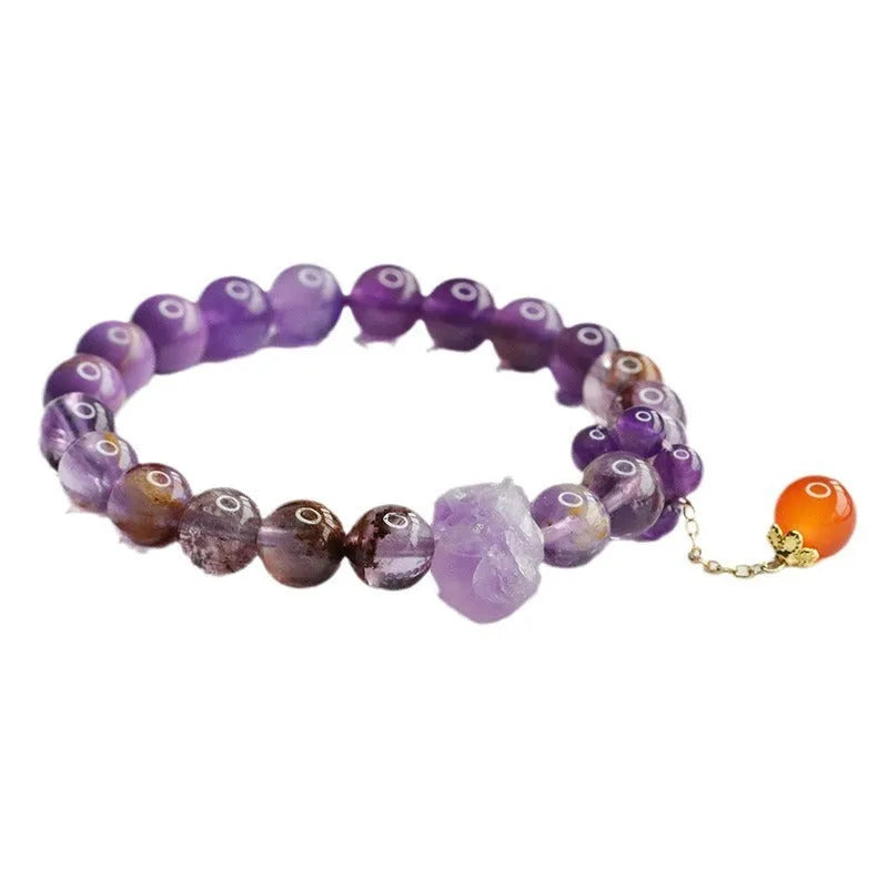 Natural nine purple crystal bracelet with amethyst beads and red agate stones in Mori style