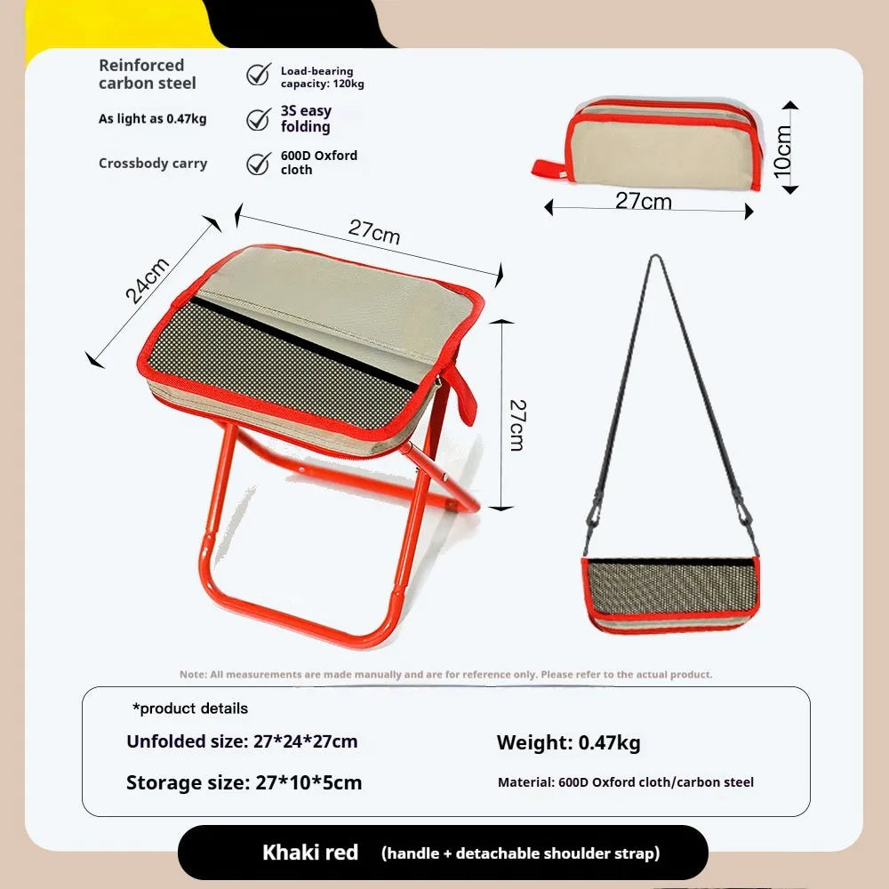 Foldable outdoor camp stool in Oxford cloth shown in a khaki colour, collapsed in its flat pencil box design.