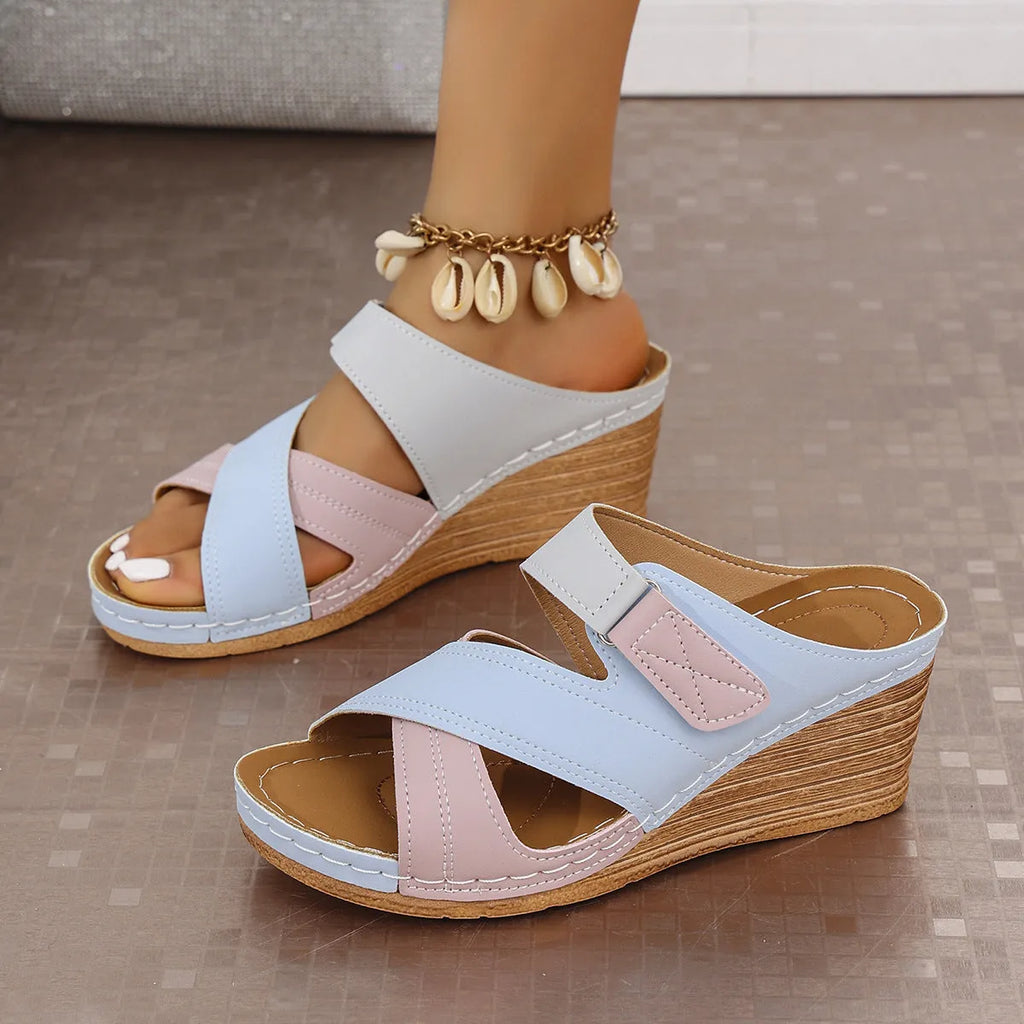 Women's wedge platform slippers with adjustable Velcro straps in multiple colour options