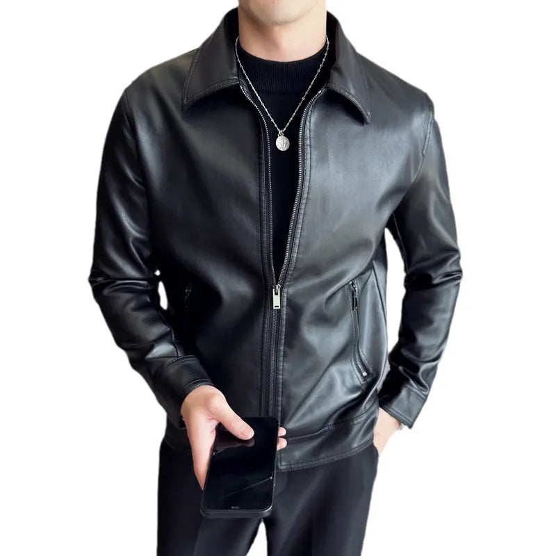 Black men's casual loose fit PU leather jacket with zippered pockets