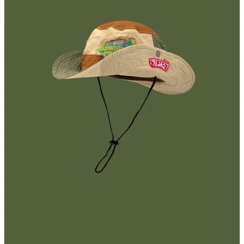 Army green cotton fisherman hat with flat top crown and patchwork hand-painted design