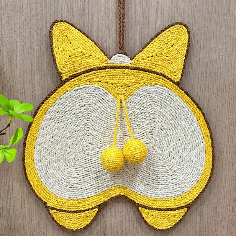 Yellow sisal cat scratching board with Corgi designs, measuring 37x40cm with anti-slip base