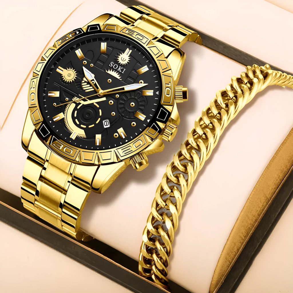 Gold men's stainless steel quartz watch with business styling and folding buckle
