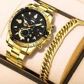 Gold men's stainless steel quartz watch with business styling and folding buckle