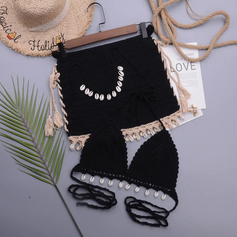 Handmade women's split swimsuit in cotton blend fabric with lace-up detail.