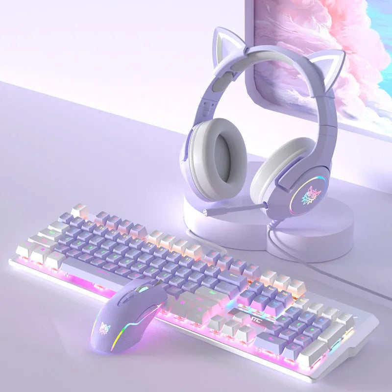 Purple and white mechanical keyboard and mouse set with backlight illumination