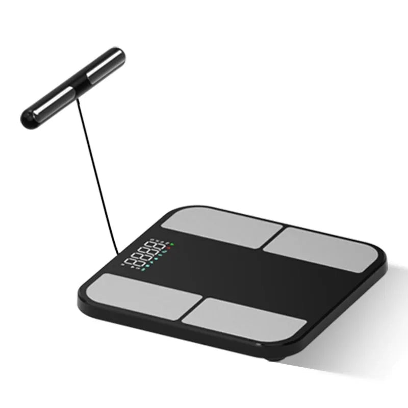 Black electronic weighing scale with tempered glass platform showing body fat analysis on colour screen
