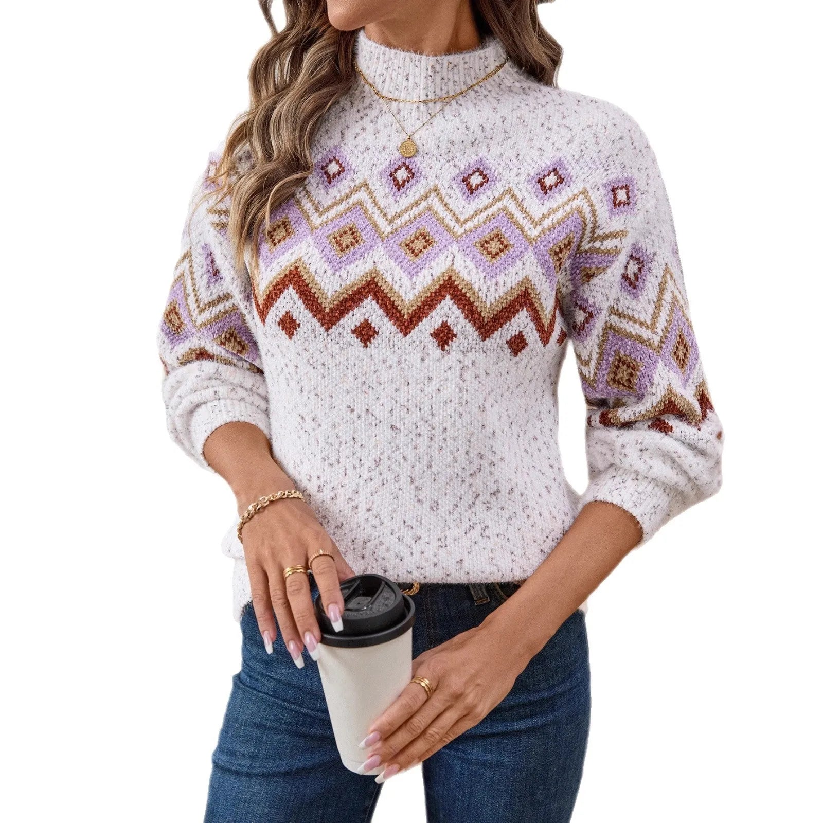 White women's sweater with geometric jacquard pattern and a half turtleneck collar.
