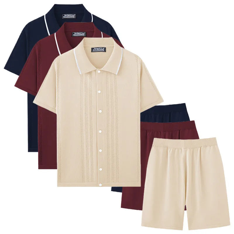 Tencel knit business casual two-piece set with short sleeve top and shorts in multiple colours.