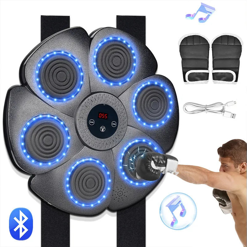 Black smart boxing target with lights and half-finger gloves for indoor teenage training