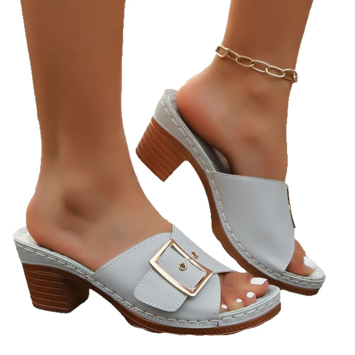 Women's black summer slippers with chunky heel and metal buckle, round toe retro design