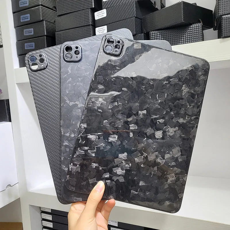 Real carbon fibre hard protective case for Apple iPad Pro 11 with a plaid embossed pattern.