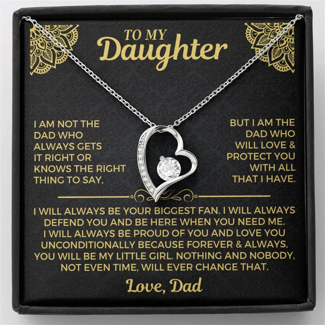 Gold hollow heart pendant necklace presented in an open flip gift box with a card.