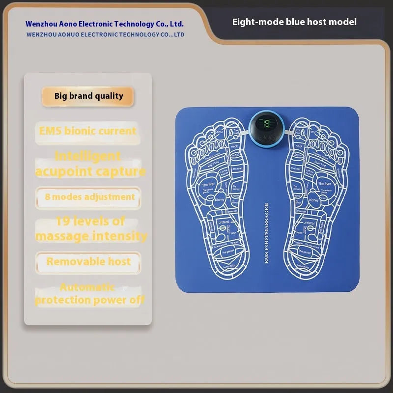 Rechargeable reflexology foot massager mat with remote control on a wooden floor.